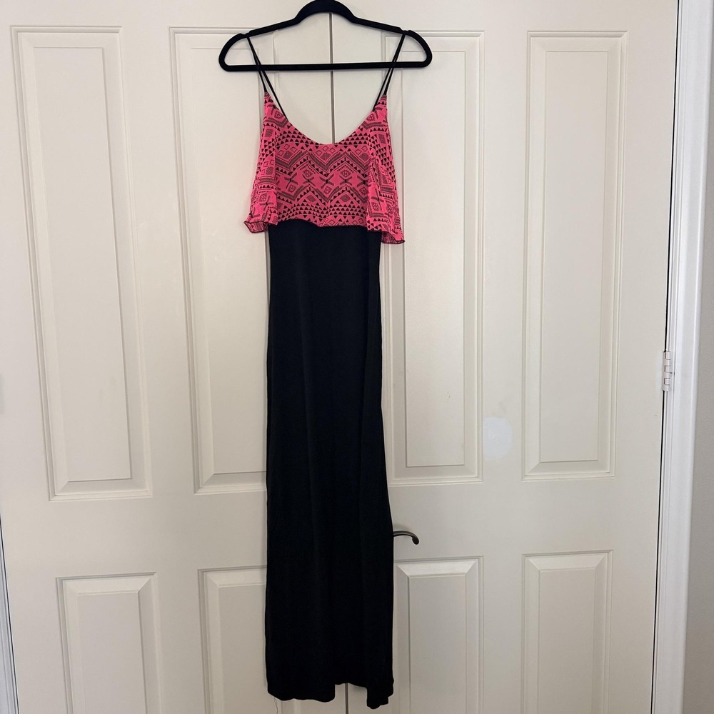 Bella D Dress Large Black Neon Pink Geometric Maxi Spaghetti Strap Sundress